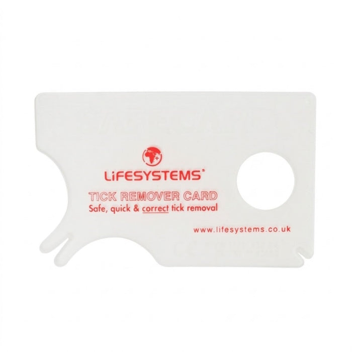 Load image into Gallery viewer, White credit-card sized tick removal tool with magnifying lens and two notches
