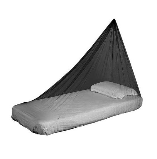 Black wedge-shaped mosquito net suspended over a single bed with white bedding