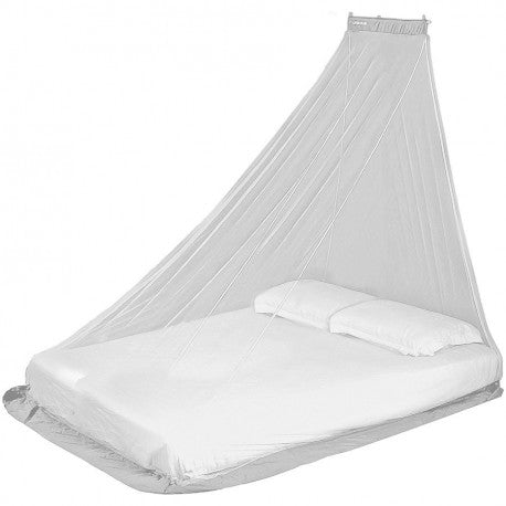 Load image into Gallery viewer, White wedge-shaped double mosquito net suspended over a bed with white linens
