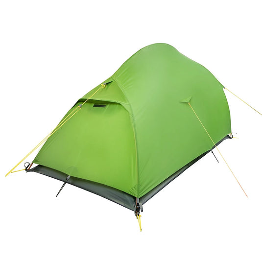 Rear perspective of Ligera 2 green waterproof tent with aerodynamic rainfly design