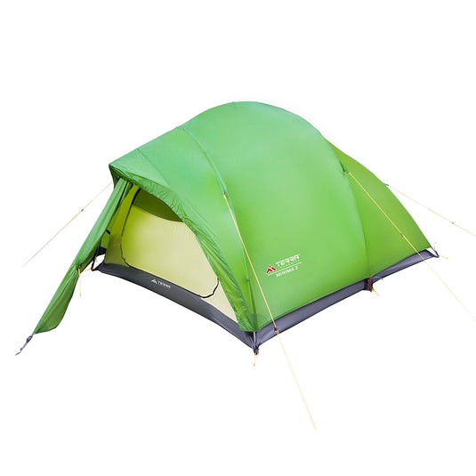 Minima 3 light green tent on white background showing open front entrance