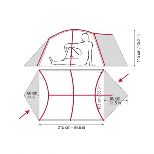 Dimensional drawing of Minima 3 tent showing 3-person floor space and peak height