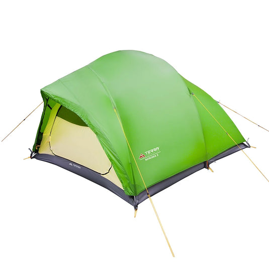 Ultralight 3-person backpacking tent with open vestibule and yellow interior room