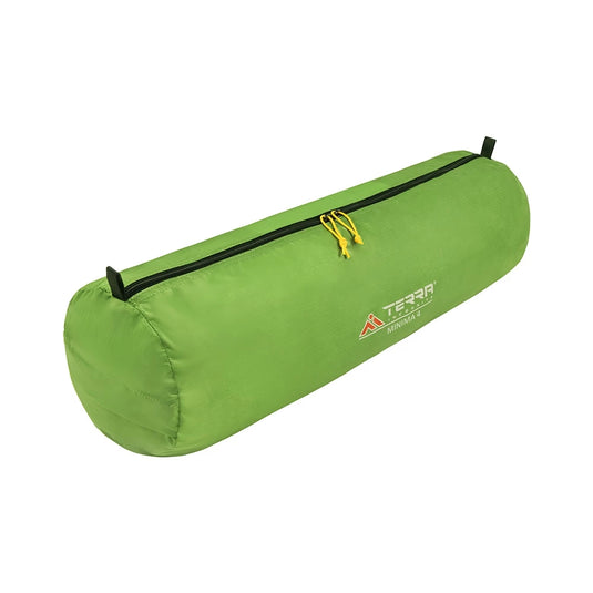 Light green cylindrical storage bag for Minima 4 tent with yellow zipper pulls