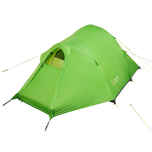 Lightweight 4-person all-season tent with tensioned guy lines on white background