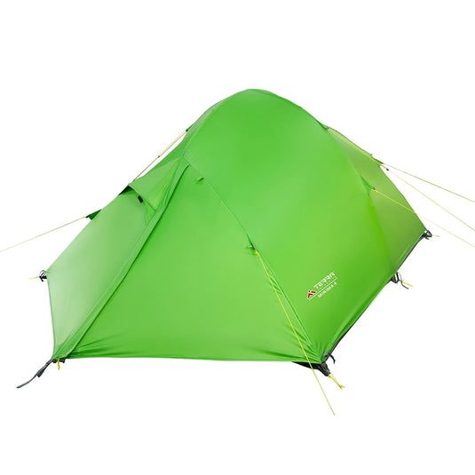 Back side of closed green 4-person expedition tent with external guy lines