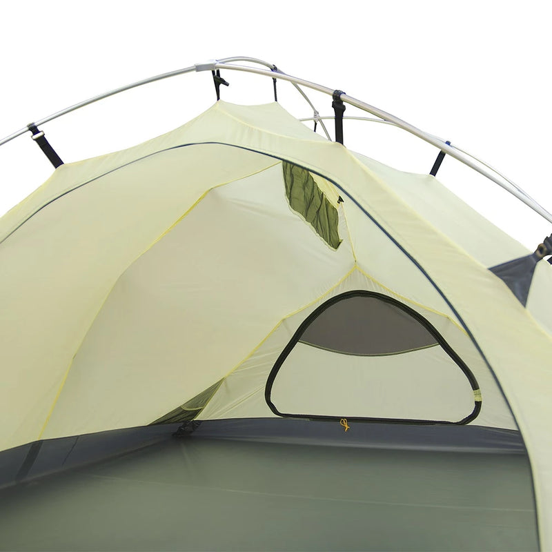 Load image into Gallery viewer, Inside view of Minima 4 yellow inner tent with dark floor and mesh ventilation
