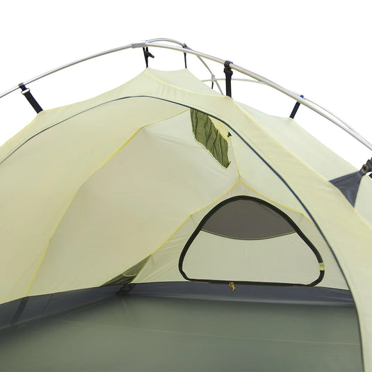 Inside view of Minima 4 yellow inner tent with dark floor and mesh ventilation