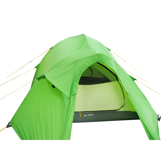 Light green 4-person tent with rolled back front entrance showing yellow inner