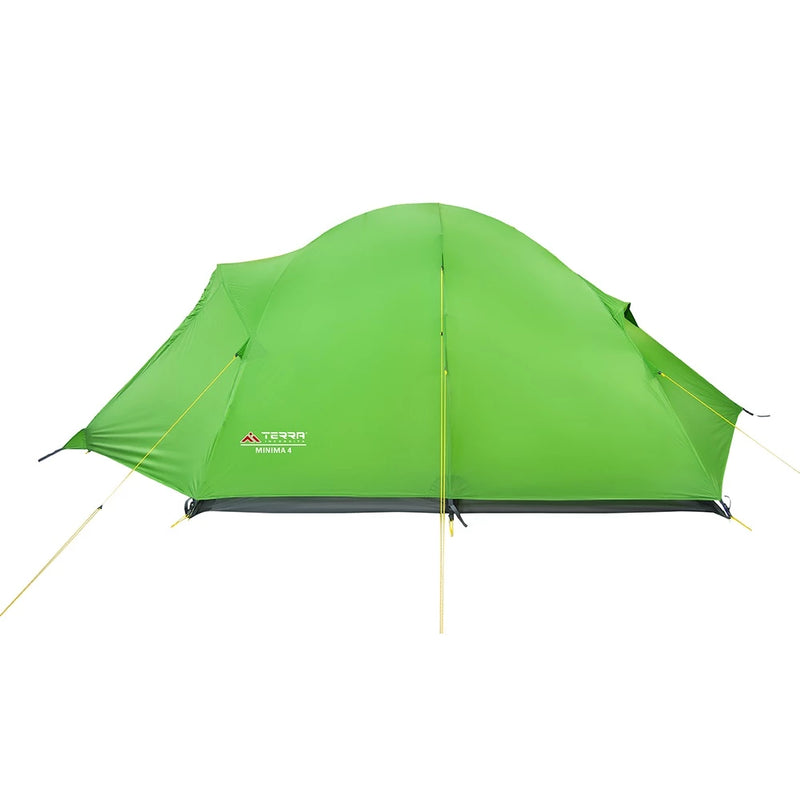 Load image into Gallery viewer, Side profile of light green 4-person expedition tent with closed entrances
