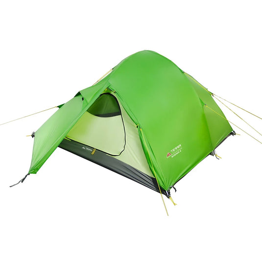 Minima 4 light green tent with open side vestibule showing yellow interior room
