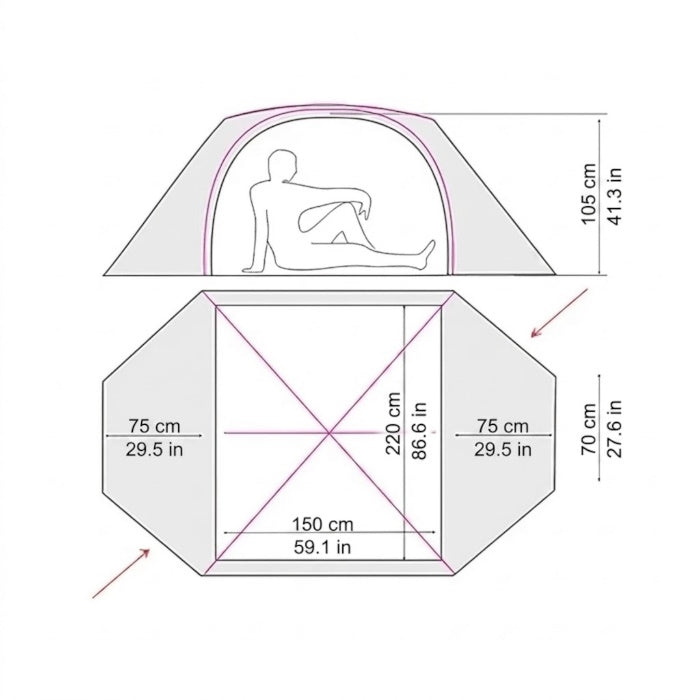 Load image into Gallery viewer, Technical drawing of Mirage 2 tent showing floor plan and height in centimeters
