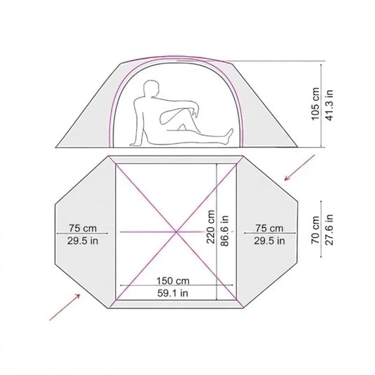 Technical drawing of Mirage 2 tent showing floor plan and height in centimeters