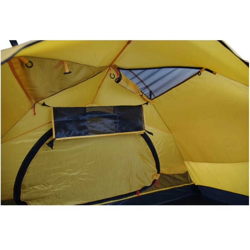 Load image into Gallery viewer, Interior view of yellow tent showing storage pocket, gear loft, and vent window

