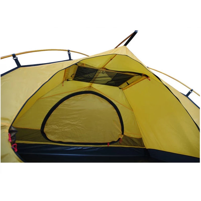 Load image into Gallery viewer, Internal view of yellow tent featuring a mesh gear loft and zippered door panel
