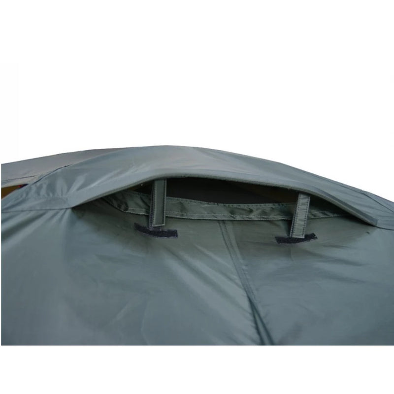 Load image into Gallery viewer, Close-up of a dark green tent rainfly featuring an adjustable ventilation vent
