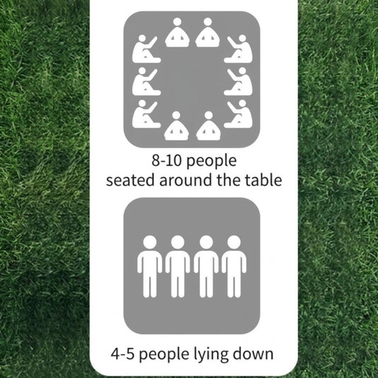 Capacity icons: 8-10 people seated around or 4-5 people lying down on the rug.