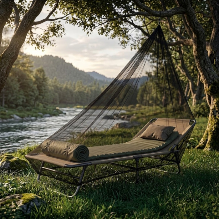 Load image into Gallery viewer, A camping cot protected by a black mosquito net in a scenic riverside forest setting
