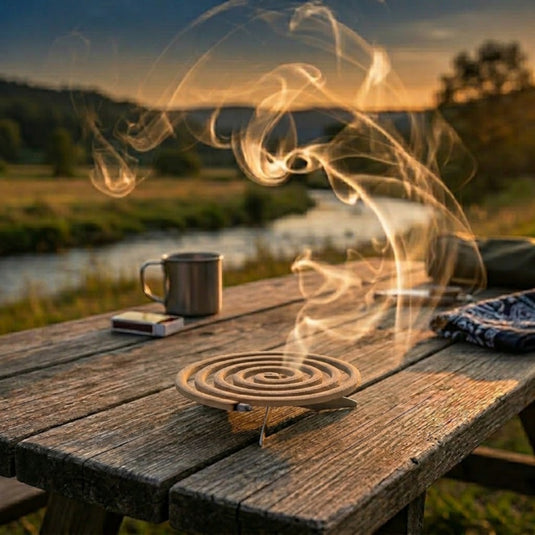 A smoking repellent coil on a wooden picnic table with a river sunset background