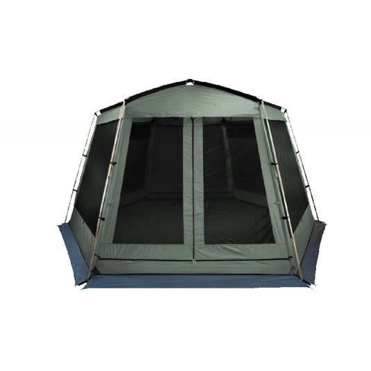 Khaki mesh hexagonal camping gazebo screen house tent on a white background