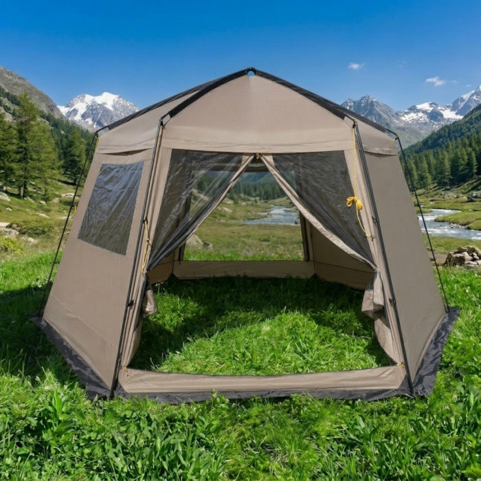 Load image into Gallery viewer, Hexagonal camping shelter with khaki side panels and a clear view PVC window
