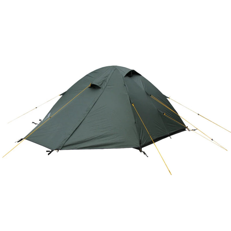 Load image into Gallery viewer, Fully closed dark green Platou 2 trekking tent for wind and rain protection.
