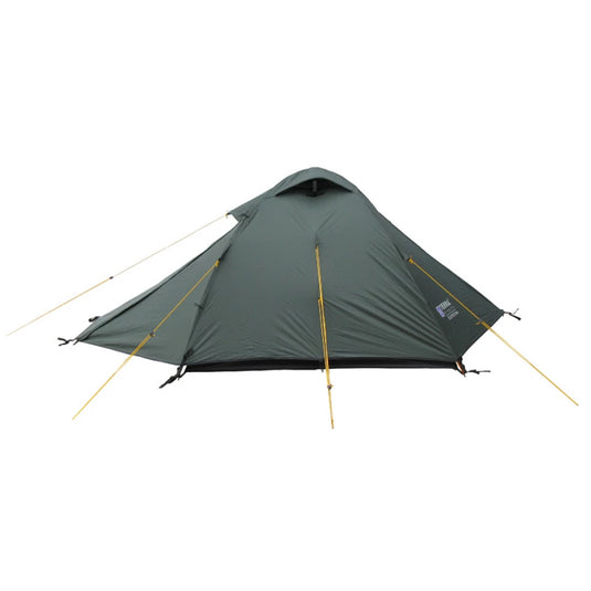 Side view of a closed dark green Platou 2 tent with tensioned guy lines.