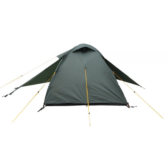 Side profile of the dark green Platou 2 tent showing dual-entrance design.