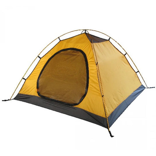 Yellow 3-person breathable inner tent with mesh door isolated on white background.