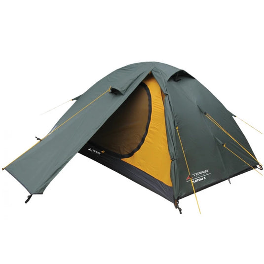 Green and yellow 3-person tent with extended vestibule open on a white background.