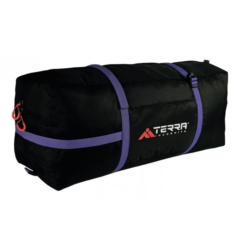 Load image into Gallery viewer, Black compression stuff sack with purple straps and Terra Incognita branding.

