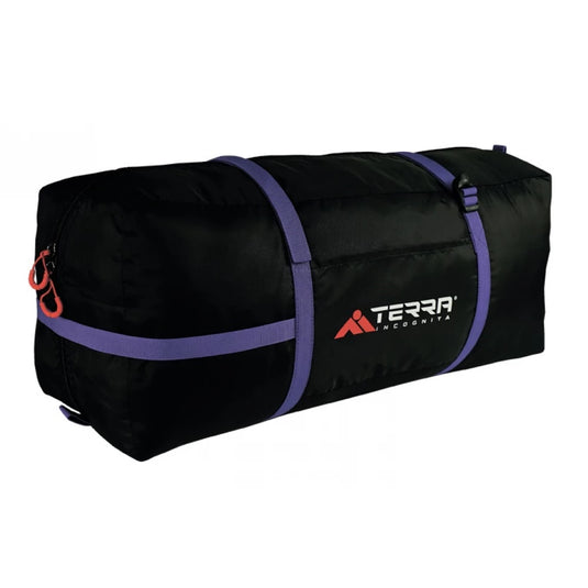 Black compression stuff sack with purple straps and Terra Incognita branding.