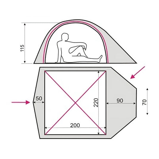 Technical floor plan and height chart showing dimensions for a 3-person tent.