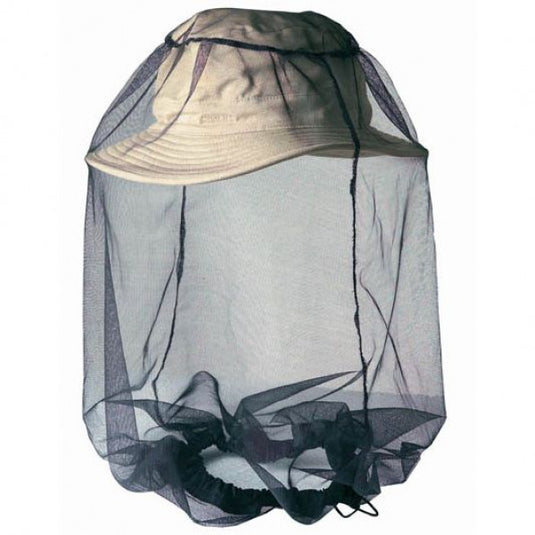 Black 15D ultra-fine mesh headnet worn over a tan sun hat for insect protection