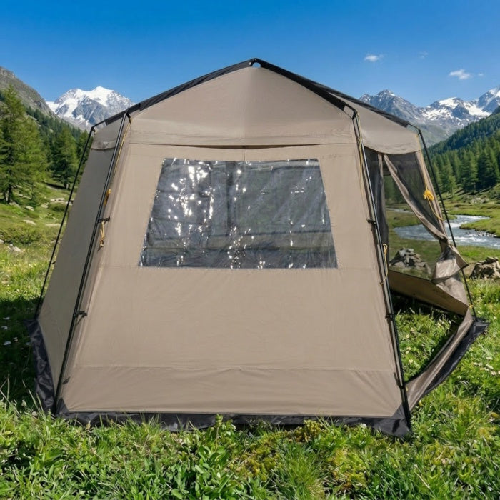 Load image into Gallery viewer, Khaki side panel with a clear PVC window attached to a Picnic Shelter outdoors
