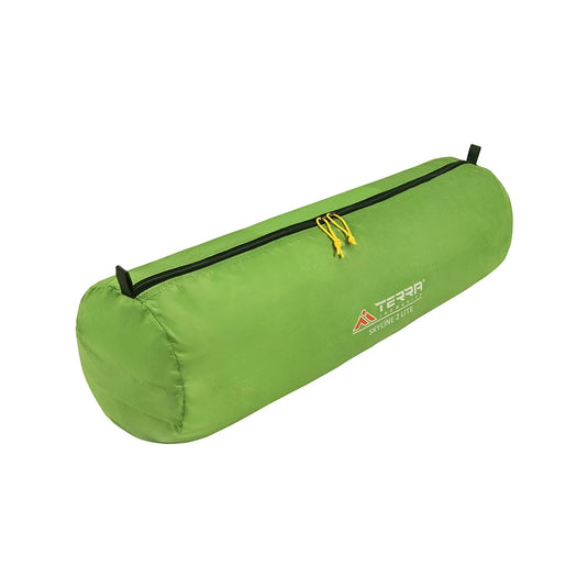 Light green cylindrical storage bag for SkyLine 2 Lite tent with yellow zippers