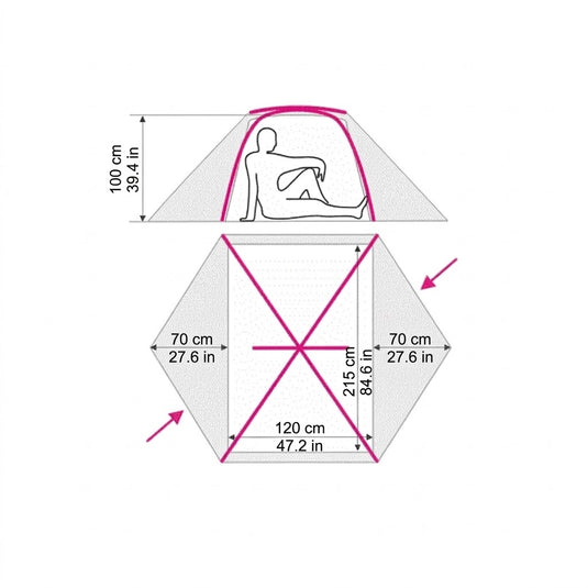 Technical drawing of SkyLine 2 Lite tent showing 215x120 cm floor and 100 cm height