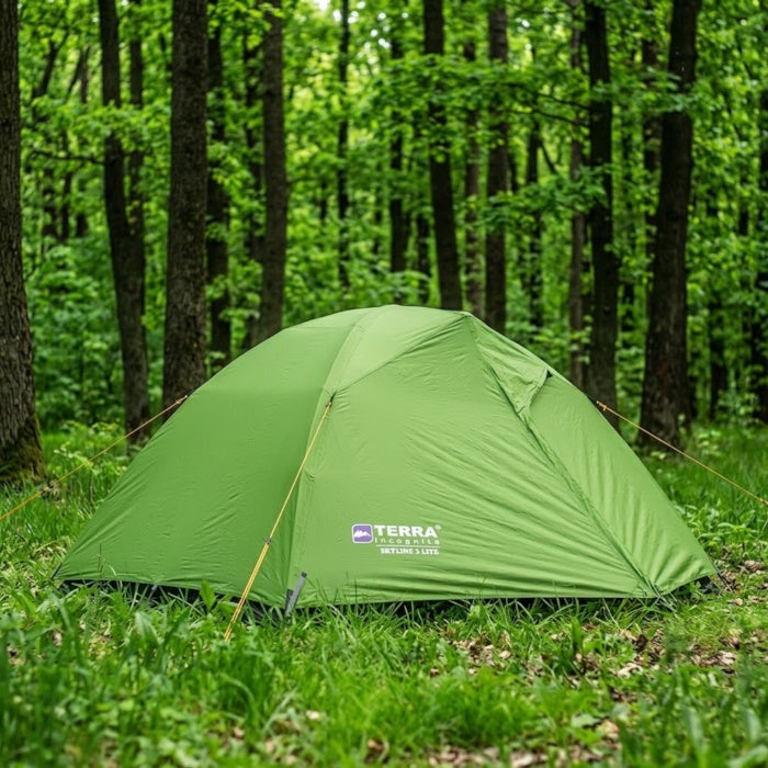Load image into Gallery viewer, Green SkyLine 2 Lite tent with Terra Incognita logo in a forest setting

