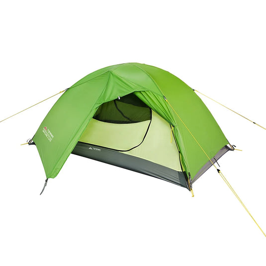 Light green SkyLine 2 Lite tent with open vestibule and yellow inner tent walls