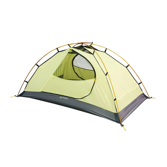 Yellow inner tent of SkyLine 2 Lite with mesh ventilation and open zipper door