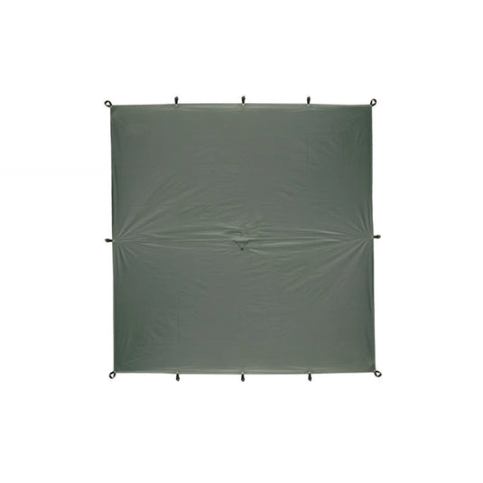 Square khaki waterproof shelter tarp for camping and backpacking expeditions.