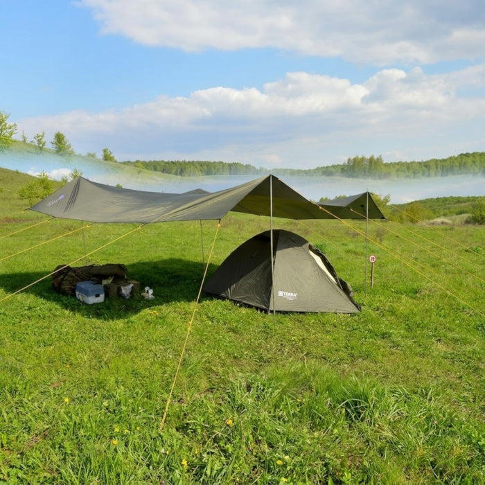 Load image into Gallery viewer, Large khaki camping tarp pitched over a tent for extra rain and sun protection.
