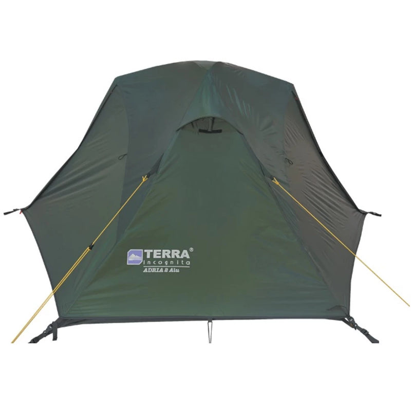 Load image into Gallery viewer, Front view of a closed dark green 2-person tent with logo and yellow guy lines.
