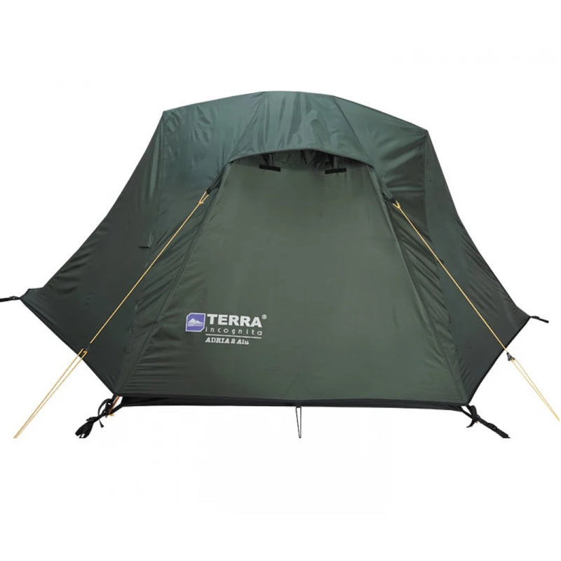 Load image into Gallery viewer, Front view of a dark green 2-person hiking tent with aluminum poles
