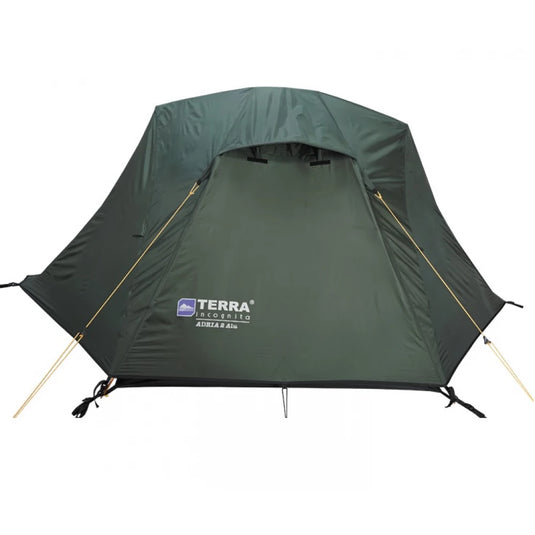 Front view of a dark green 2-person hiking tent with aluminum poles