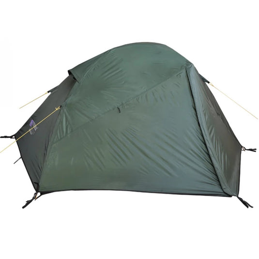 Fully pitched dark green 2-person trekking tent with closed rainfly, side view.