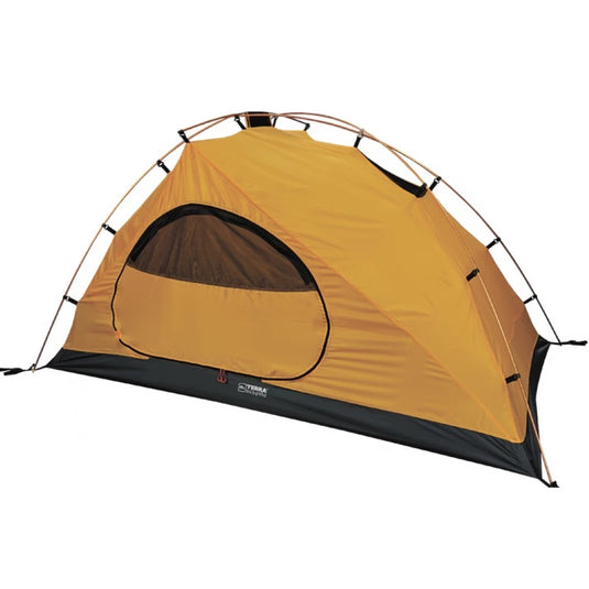 Yellow 2-person inner tent body with aluminum poles and side mesh door view.