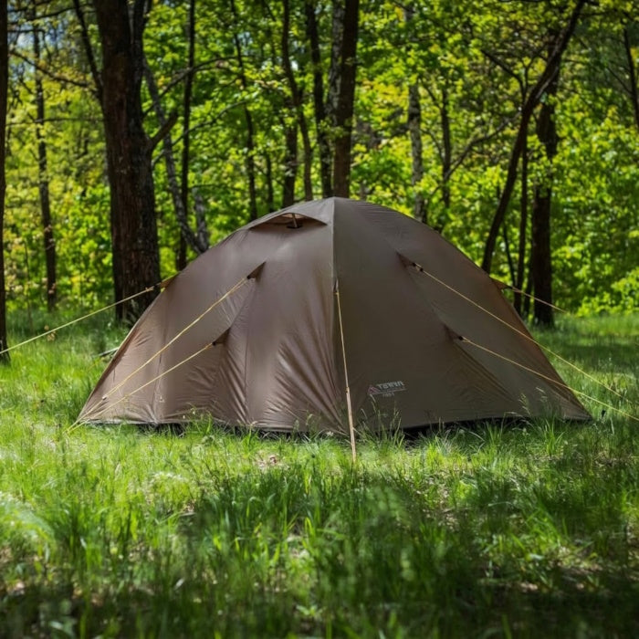 Load image into Gallery viewer, Sand-colored Alfa 2 tent pitched in a sunny summer forest
