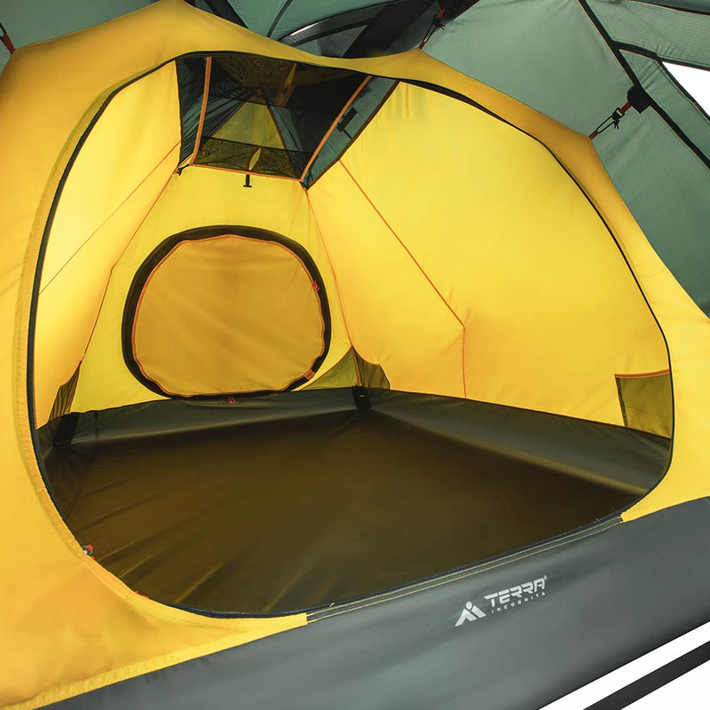 Load image into Gallery viewer, Green Ksena 2 trekking tent with open vestibule and orange inner tent
