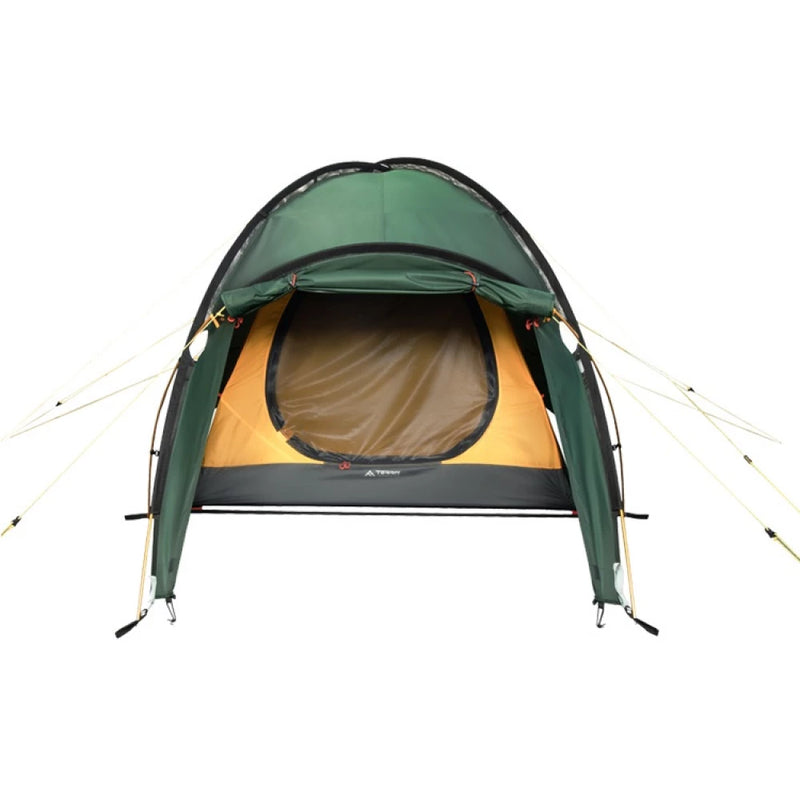 Load image into Gallery viewer, Front view of green Ksena 3 tent with open vestibule and orange inner bedroom
